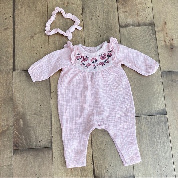 Jessica Simpson Jumpsuit Romper Matching Headband 6-9m Baby Girl Infant Outfit - Picture 1 of 7
